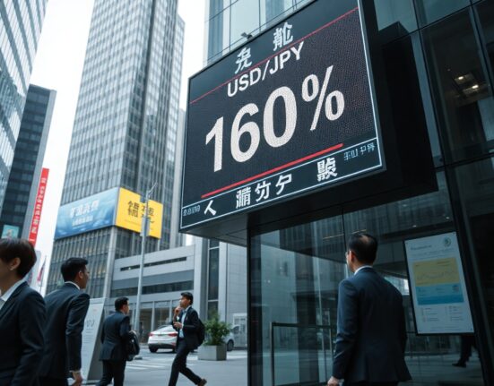 Digital exchange rate board in Tokyo financial district showing yen at weak level against US dollar