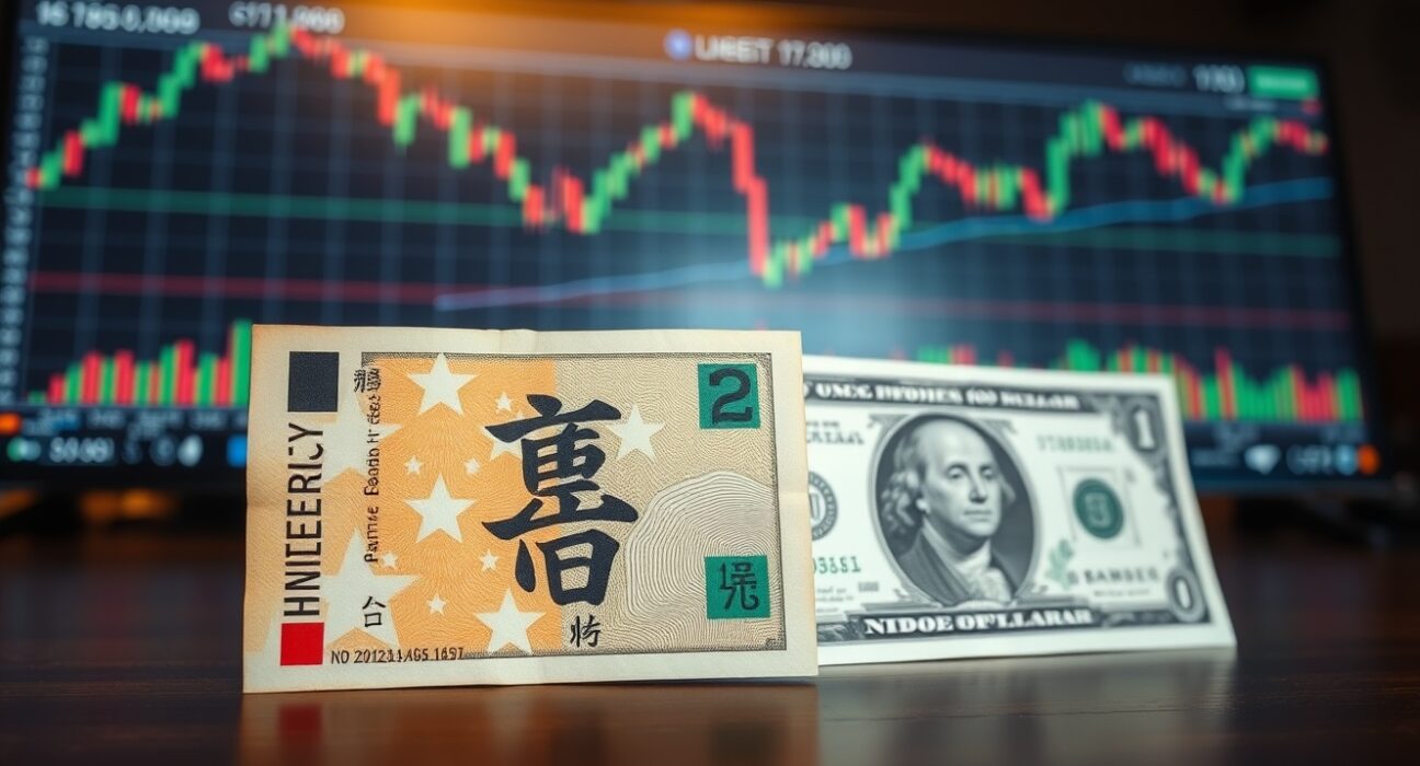 Japanese Yen and US Dollar banknotes on a desk with a blurred financial chart background