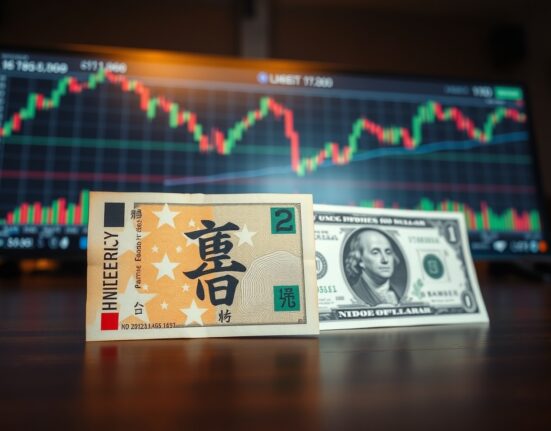 Japanese Yen and US Dollar banknotes on a desk with a blurred financial chart background