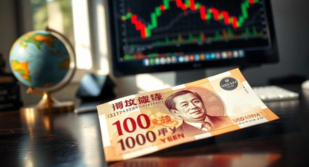 Japanese yen banknotes on a desk with a stock chart in the background