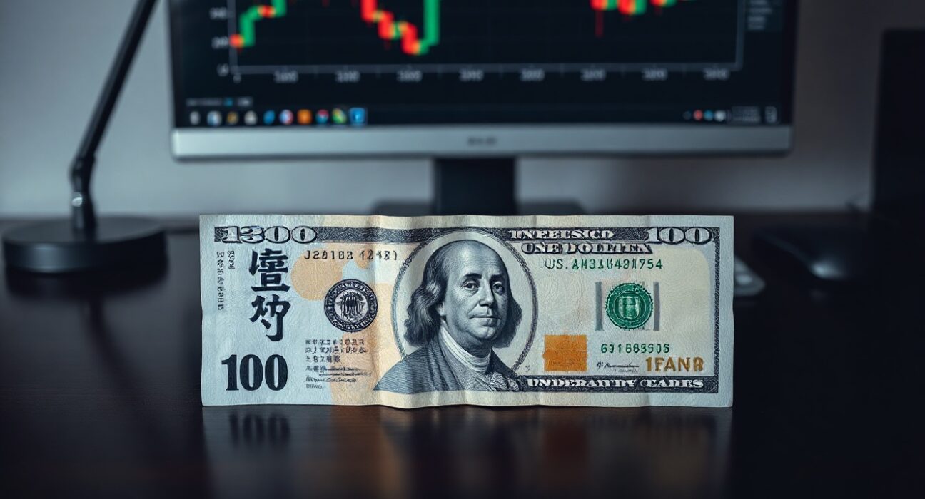 Japanese Yen and US Dollar banknotes on desk with forex chart in background