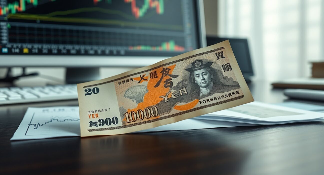 Japanese yen banknote and financial chart representing currency market analysis and Bank of Japan policy.