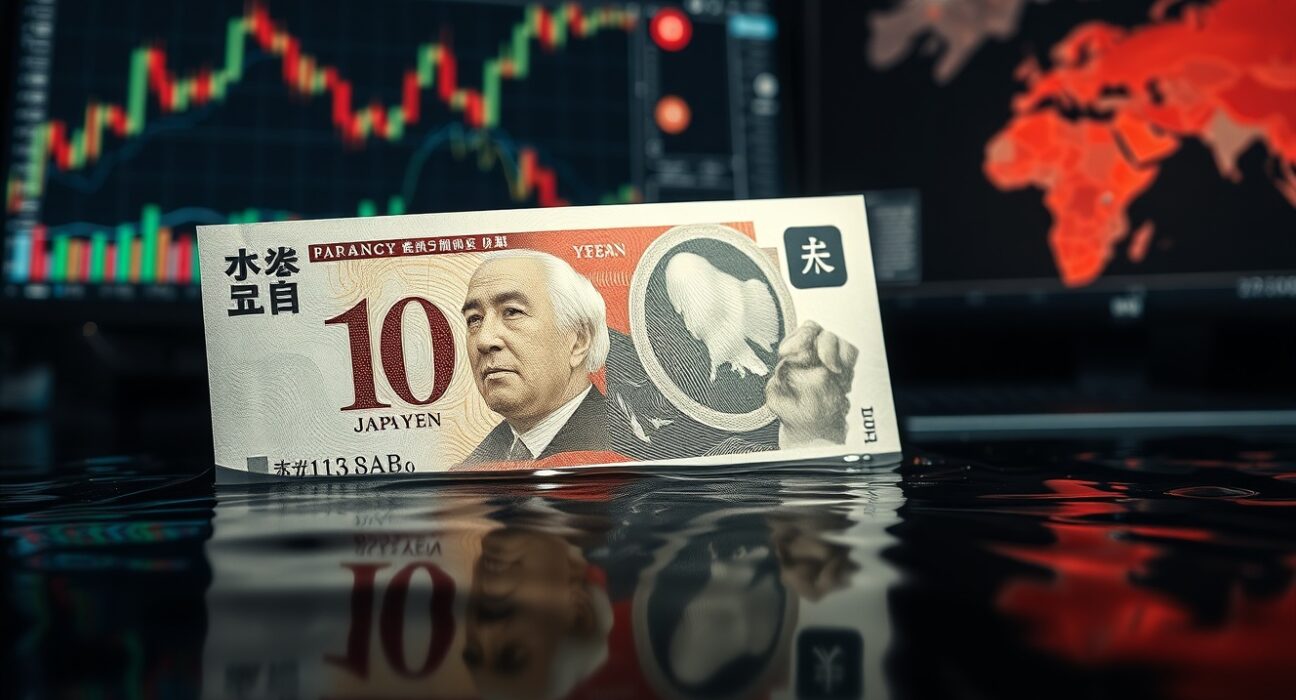 Japanese Yen banknote partially submerged in oil with financial charts in background, representing currency pressure from Middle East conflict.