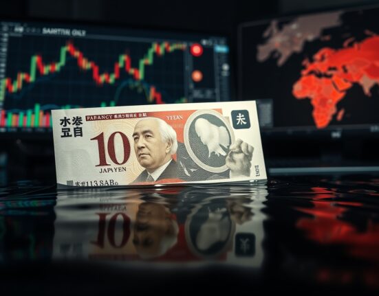 Japanese Yen banknote partially submerged in oil with financial charts in background, representing currency pressure from Middle East conflict.