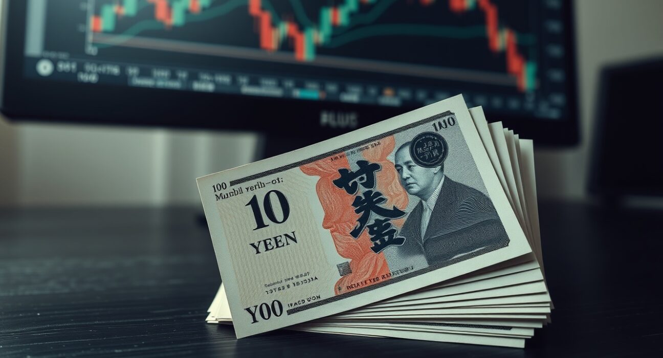 Close-up of Japanese Yen banknotes with a financial chart in the background