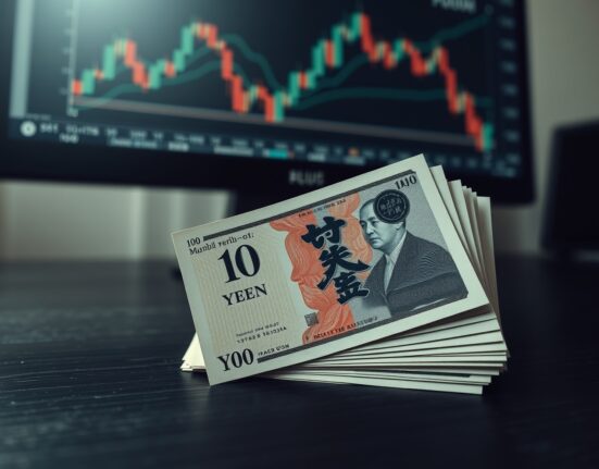 Close-up of Japanese Yen banknotes with a financial chart in the background