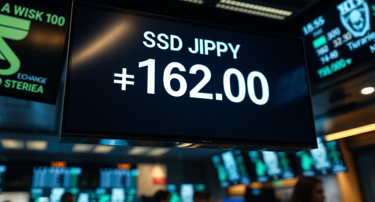 Digital trading screen showing USD/JPY currency pair near 162.00 on a modern trading floor