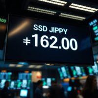 Digital trading screen showing USD/JPY currency pair near 162.00 on a modern trading floor