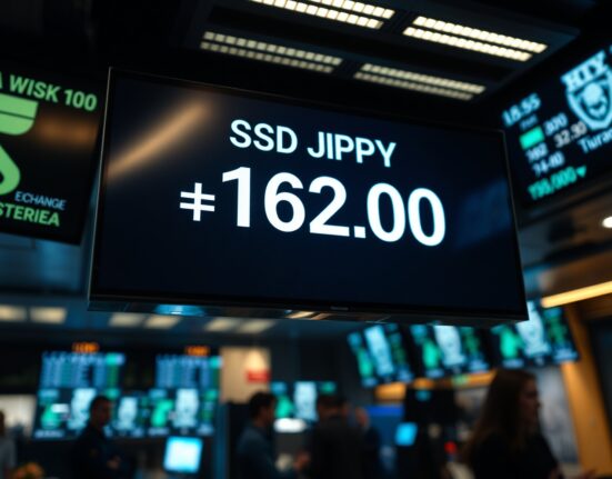 Digital trading screen showing USD/JPY currency pair near 162.00 on a modern trading floor