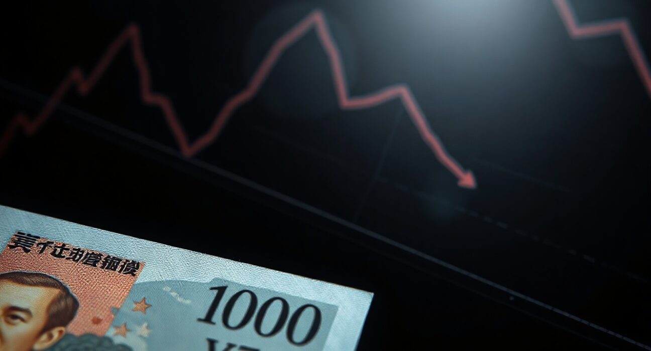 Japanese yen banknote with declining chart symbolizing weak currency outlook