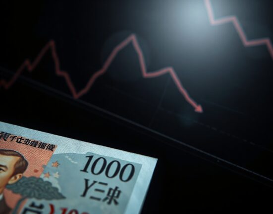 Japanese yen banknote with declining chart symbolizing weak currency outlook