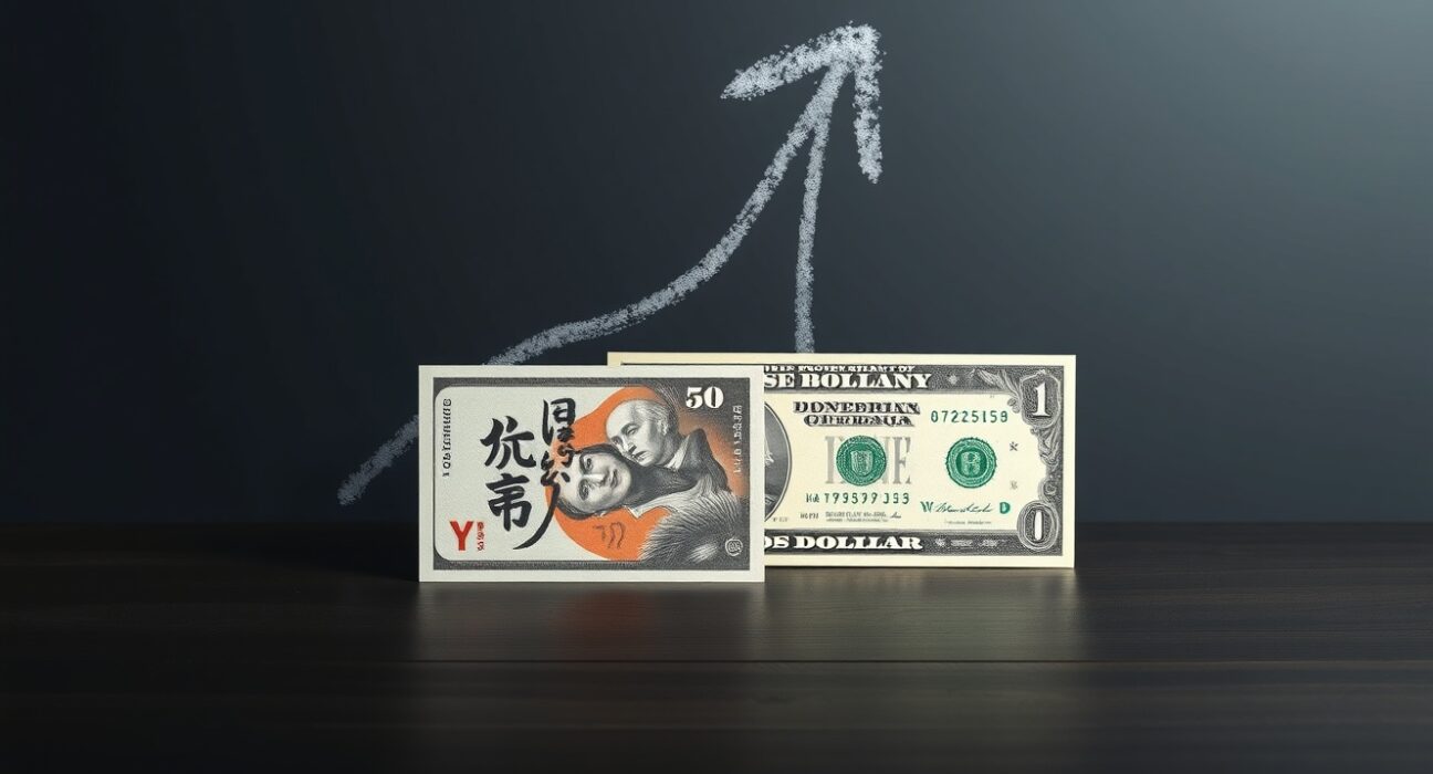 Japanese Yen and US Dollar notes on a dark surface, representing the USD/JPY currency pair rebound after BoJ hawkish stance.