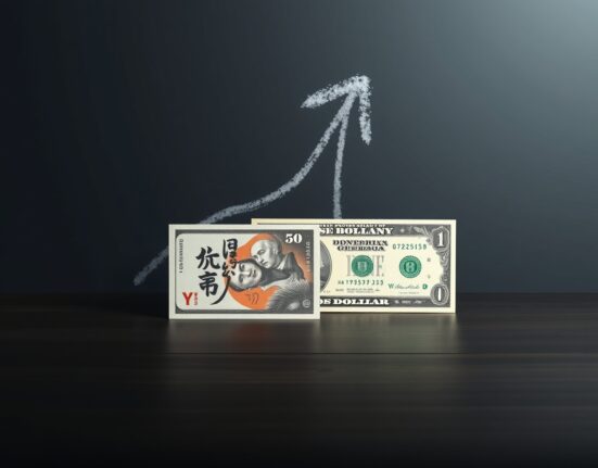 Japanese Yen and US Dollar notes on a dark surface, representing the USD/JPY currency pair rebound after BoJ hawkish stance.