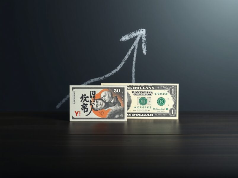 Japanese Yen and US Dollar notes on a dark surface, representing the USD/JPY currency pair rebound after BoJ hawkish stance.