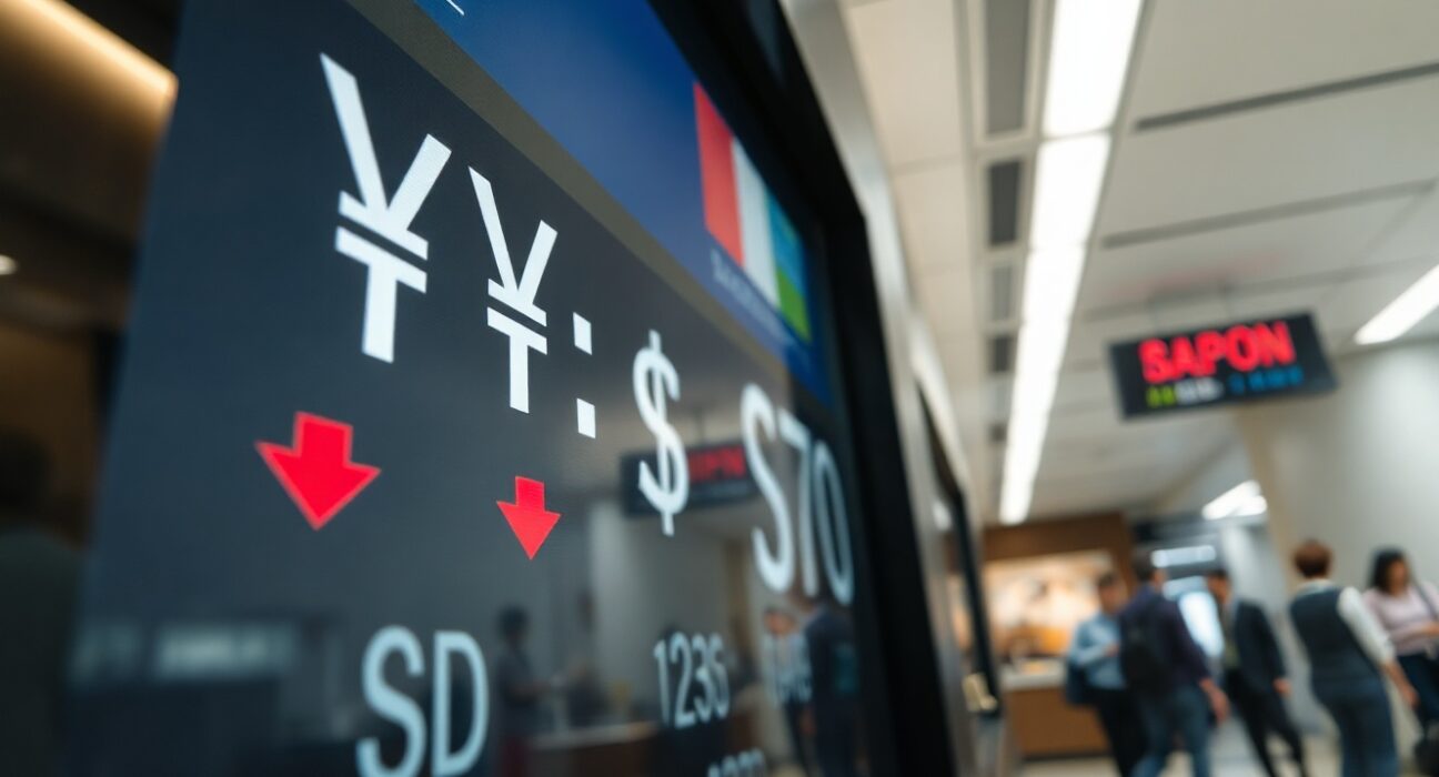 Electronic currency exchange board in Tokyo showing yen weakening against the dollar