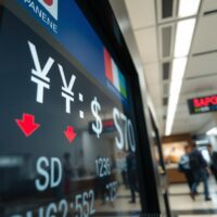Electronic currency exchange board in Tokyo showing yen weakening against the dollar