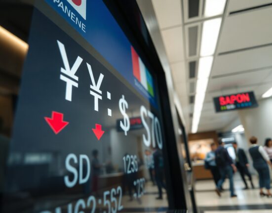 Electronic currency exchange board in Tokyo showing yen weakening against the dollar