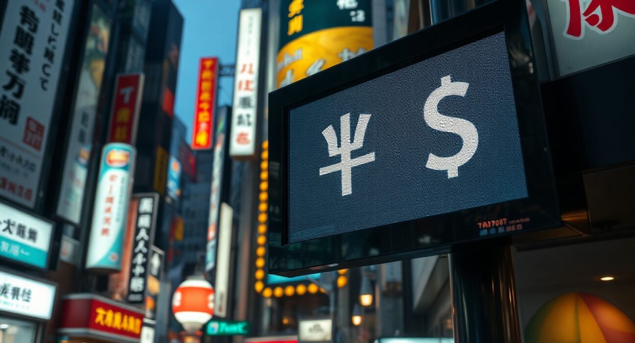 Digital currency exchange board showing yen and dollar symbols in Tokyo financial district
