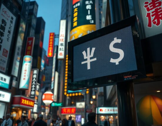 Digital currency exchange board showing yen and dollar symbols in Tokyo financial district
