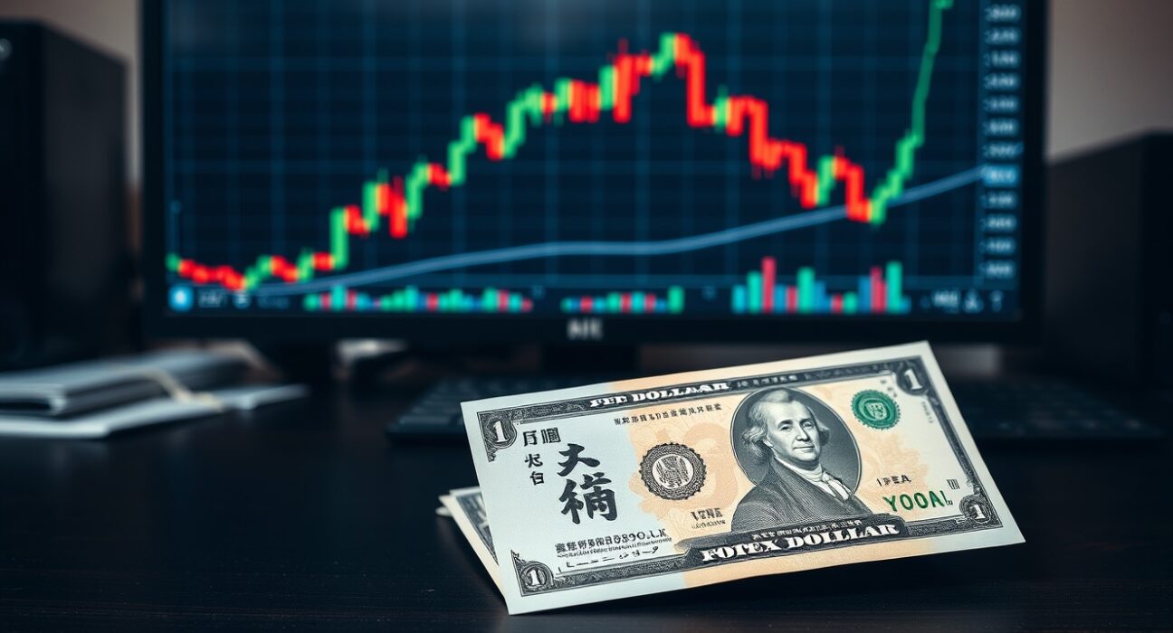 Japanese Yen and US Dollar banknotes on a desk with a forex chart on a monitor in the background.