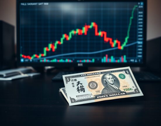 Japanese Yen and US Dollar banknotes on a desk with a forex chart on a monitor in the background.
