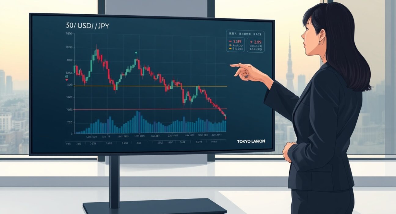 Financial analyst in Tokyo reviews USD/JPY chart showing Japanese Yen strength based on Deutsche Bank report.