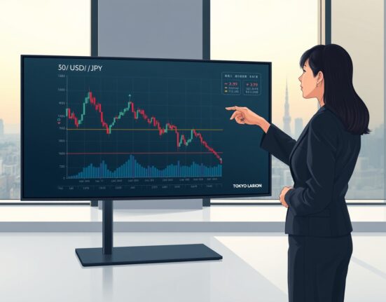 Financial analyst in Tokyo reviews USD/JPY chart showing Japanese Yen strength based on Deutsche Bank report.