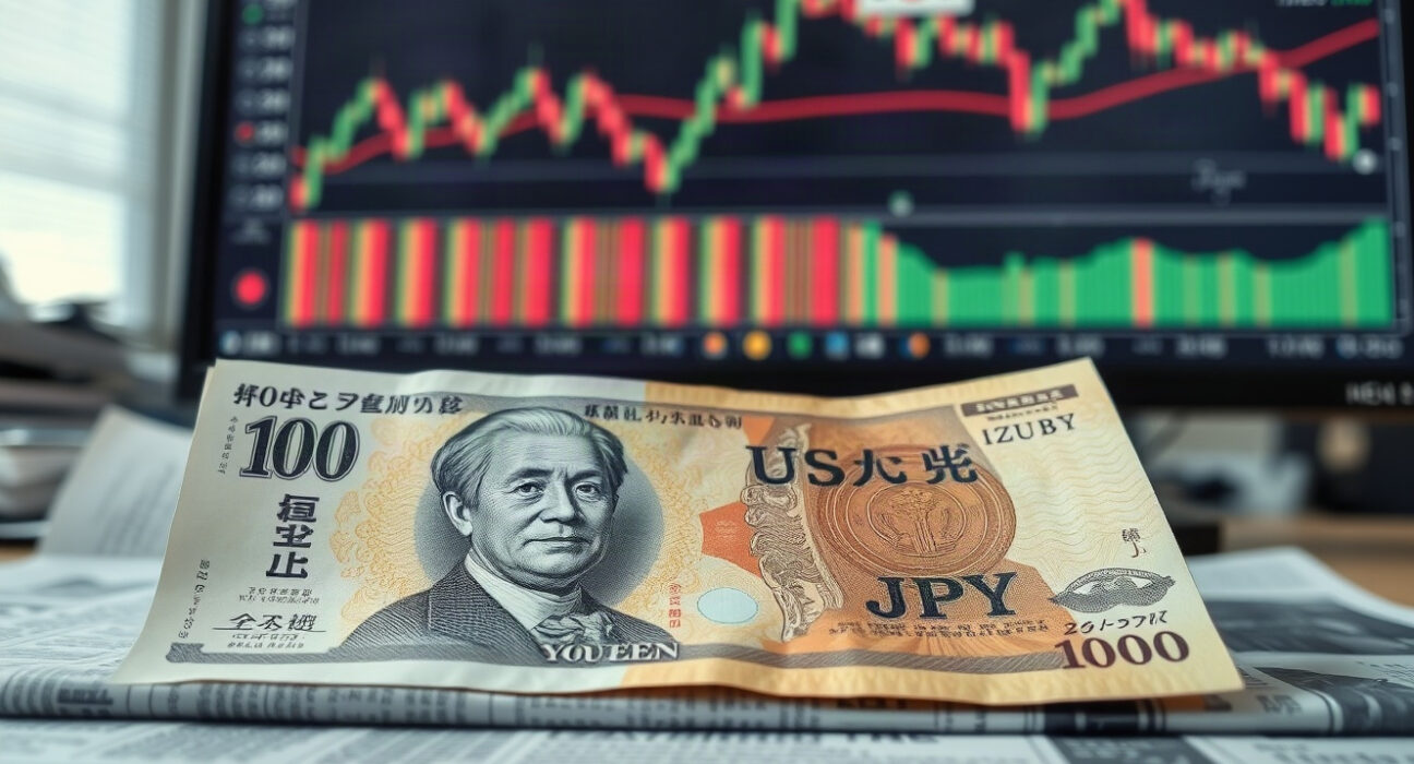 Japanese Yen banknotes and USD/JPY chart on a desk, symbolizing currency analysis