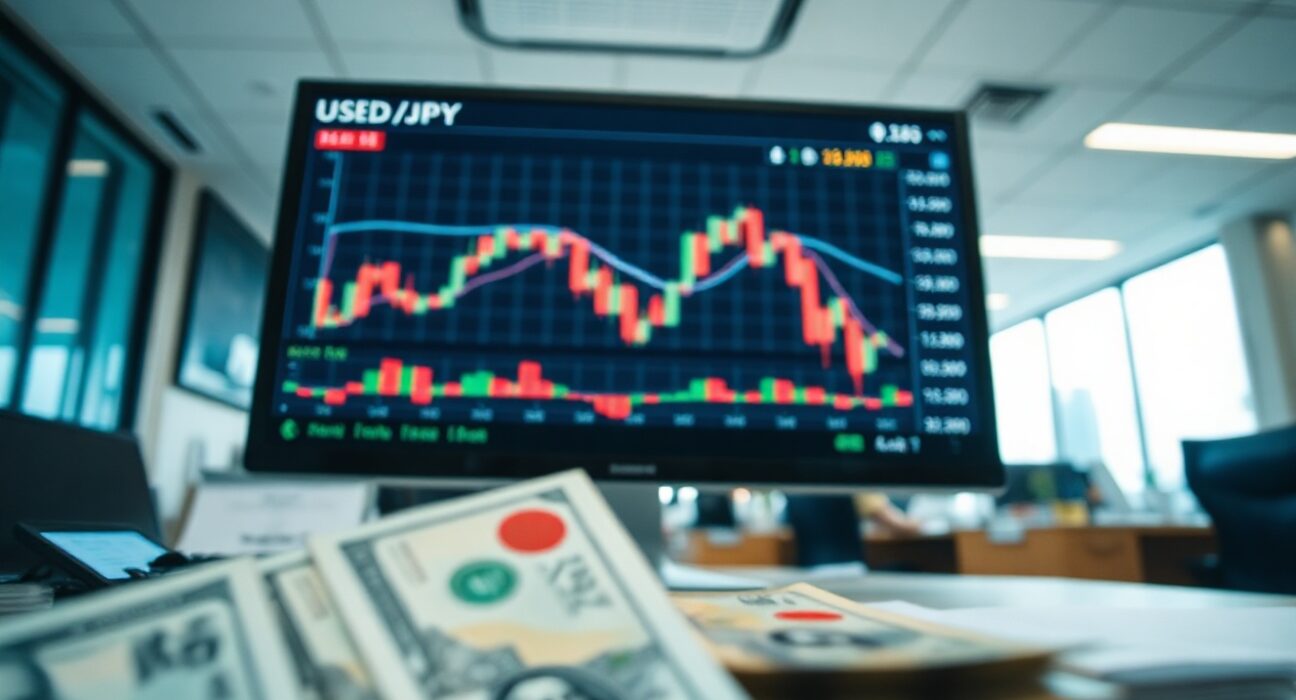 USD/JPY exchange rate chart on a trading screen with yen and dollar banknotes