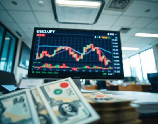 USD/JPY exchange rate chart on a trading screen with yen and dollar banknotes