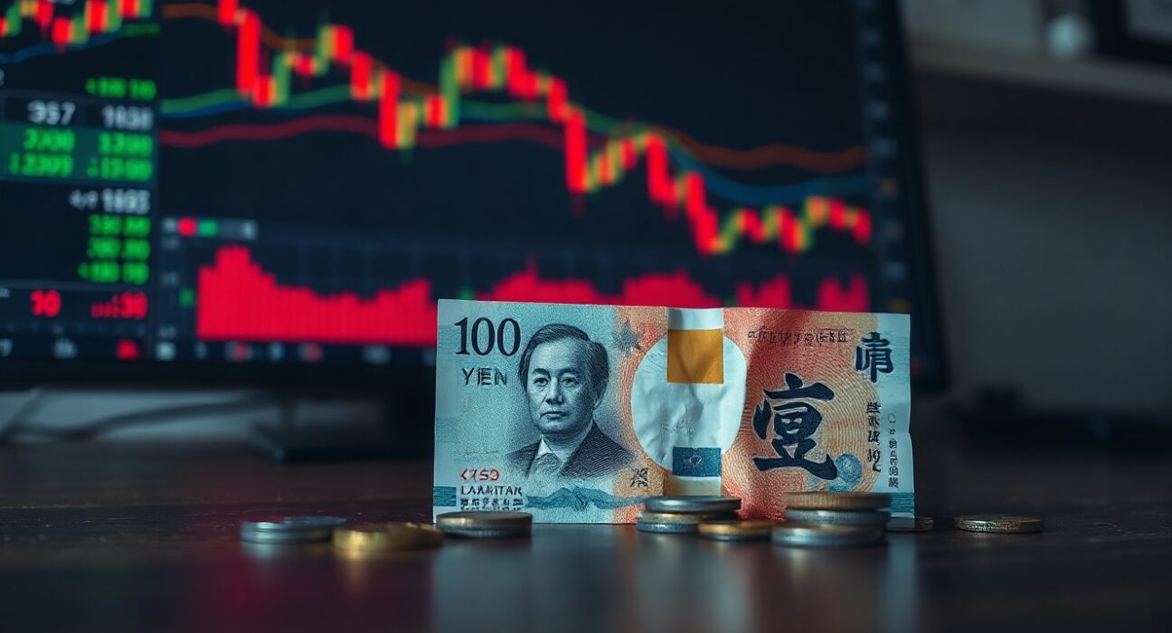 Japanese yen banknotes and coins on a desk with financial charts in the background