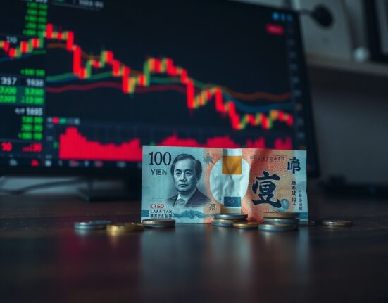 Japanese yen banknotes and coins on a desk with financial charts in the background