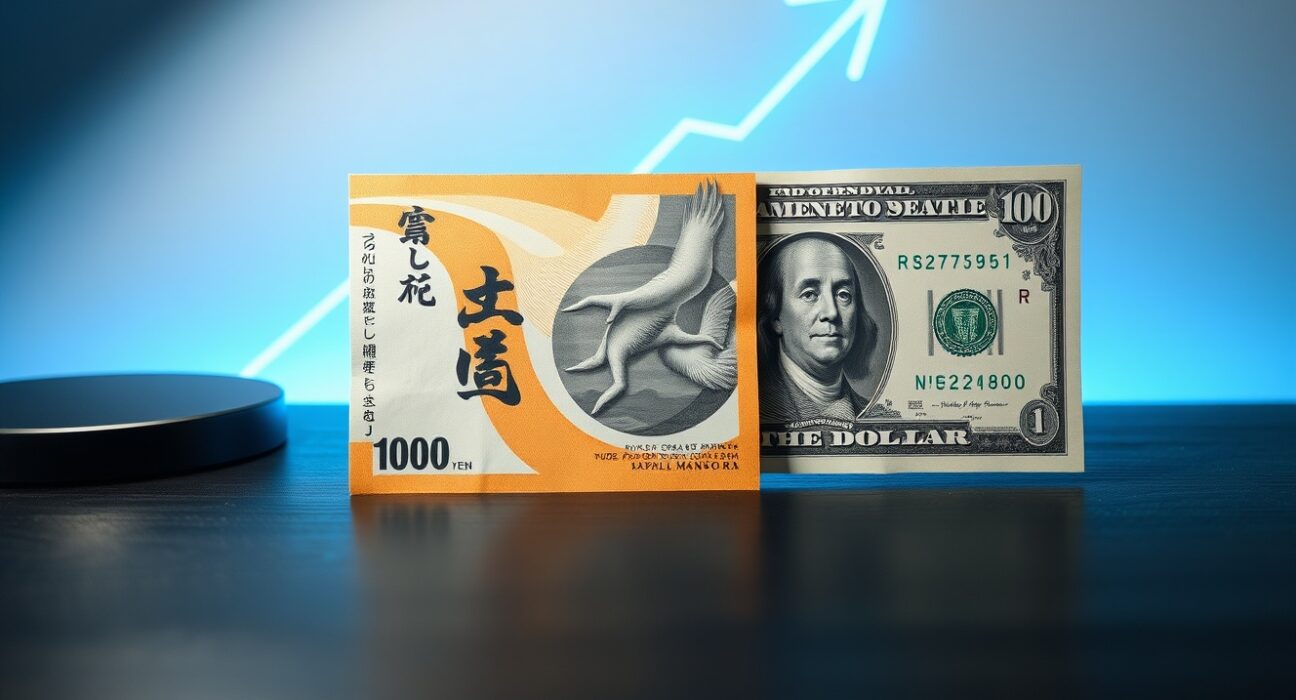 Japanese Yen and US Dollar banknotes on a desk with a rising chart, illustrating forex pressure near 159 level