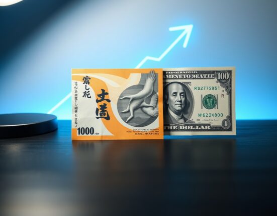 Japanese Yen and US Dollar banknotes on a desk with a rising chart, illustrating forex pressure near 159 level