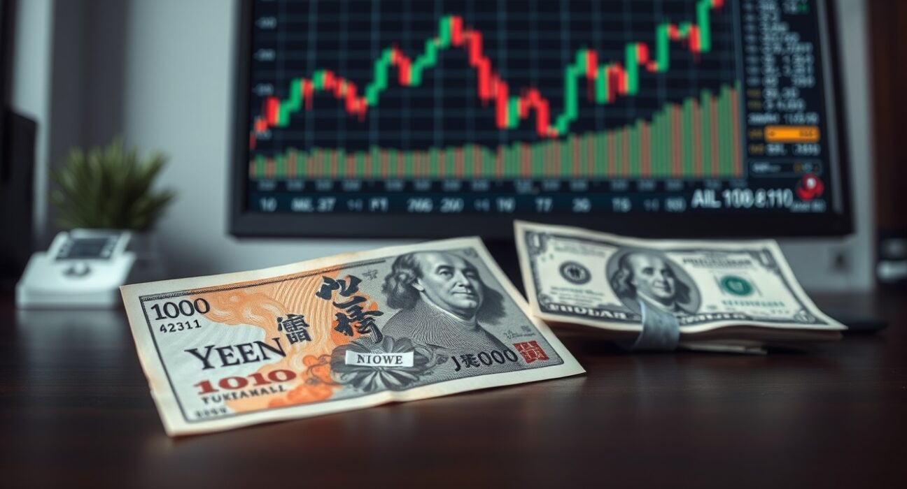 Japanese Yen and US Dollar banknotes on a desk with a USD/JPY chart on a monitor, illustrating forex trading analysis.