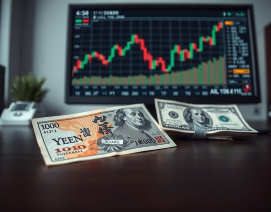 Japanese Yen and US Dollar banknotes on a desk with a USD/JPY chart on a monitor, illustrating forex trading analysis.