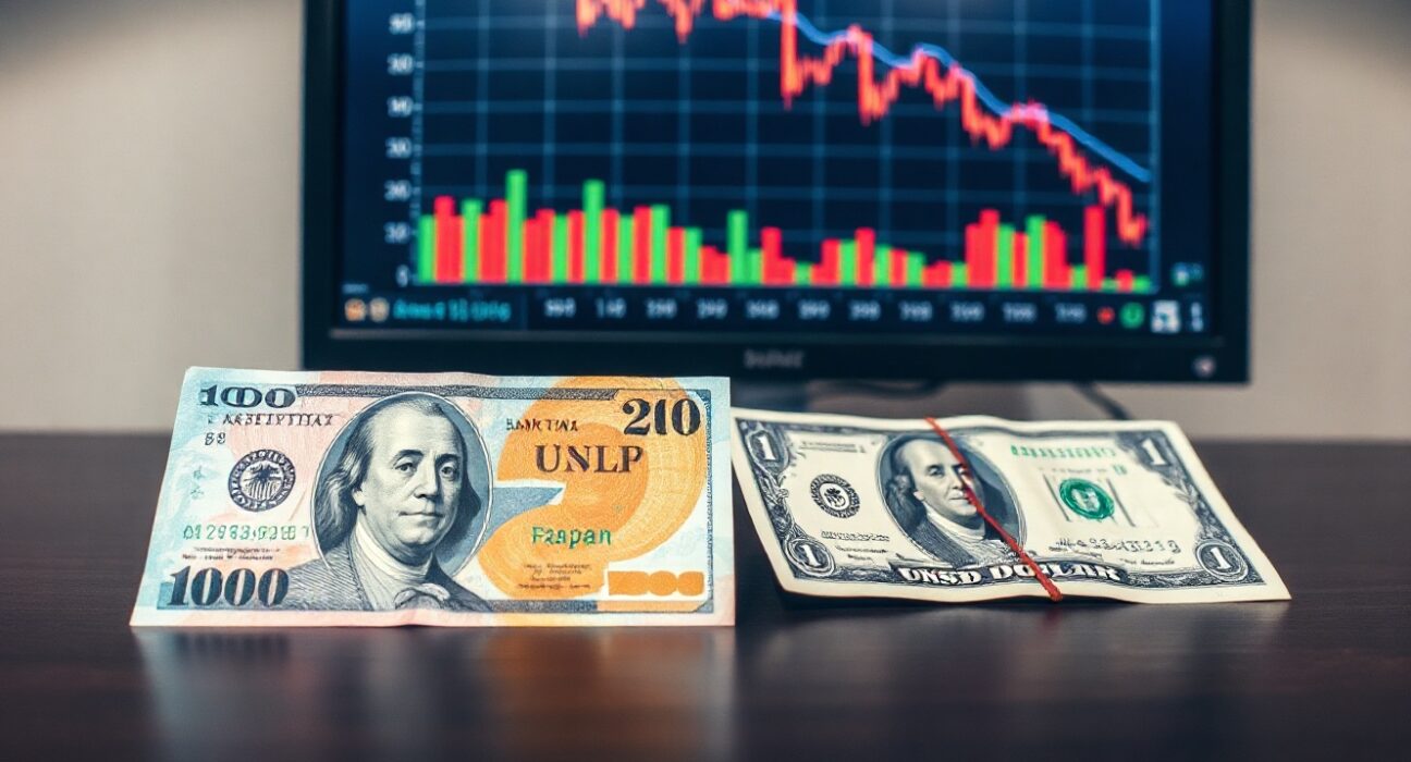 Japanese yen and US dollar banknotes on desk with forex chart in background