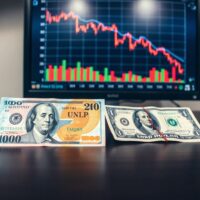 Japanese yen and US dollar banknotes on desk with forex chart in background