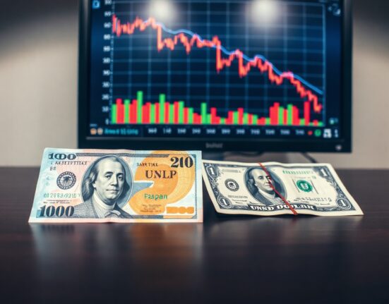 Japanese yen and US dollar banknotes on desk with forex chart in background