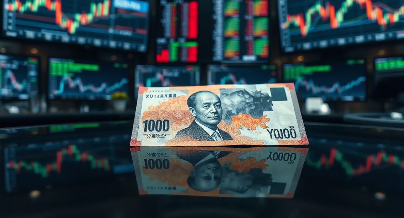 Close-up of a Japanese 10,000 Yen banknote on a trading floor, symbolizing currency market pressure.