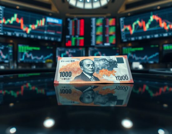 Close-up of a Japanese 10,000 Yen banknote on a trading floor, symbolizing currency market pressure.