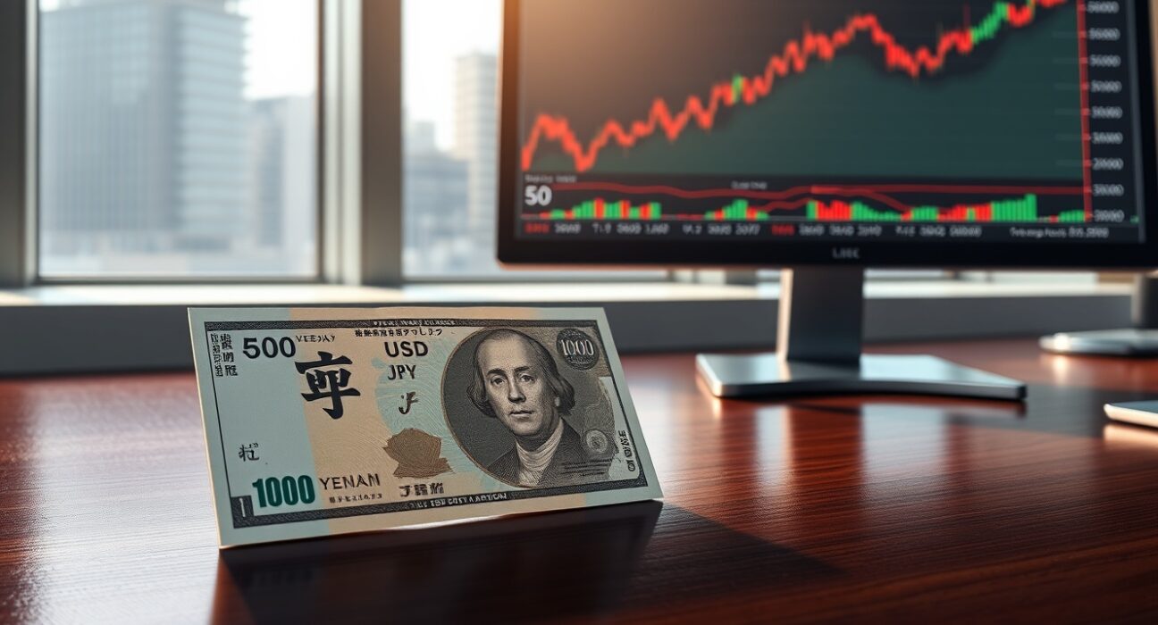 Japanese Yen banknote with USD/JPY forex chart showing pressure after Bank of Japan decision.