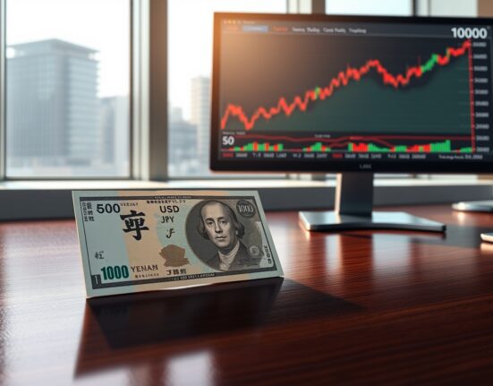 Japanese Yen banknote with USD/JPY forex chart showing pressure after Bank of Japan decision.