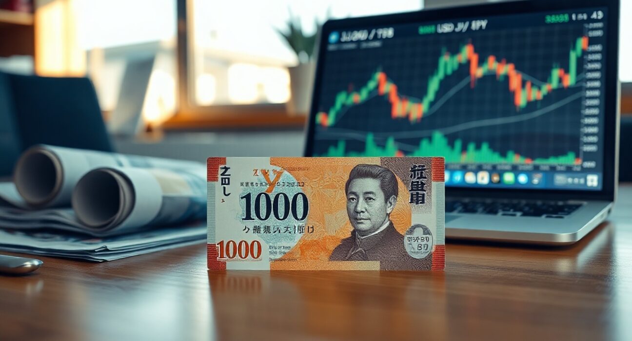 Japanese Yen banknote on desk with financial charts on laptop