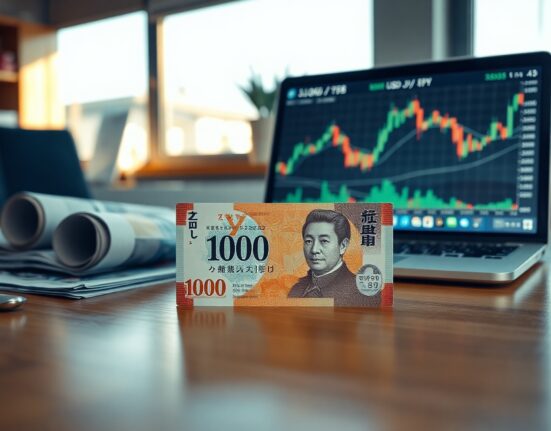 Japanese Yen banknote on desk with financial charts on laptop