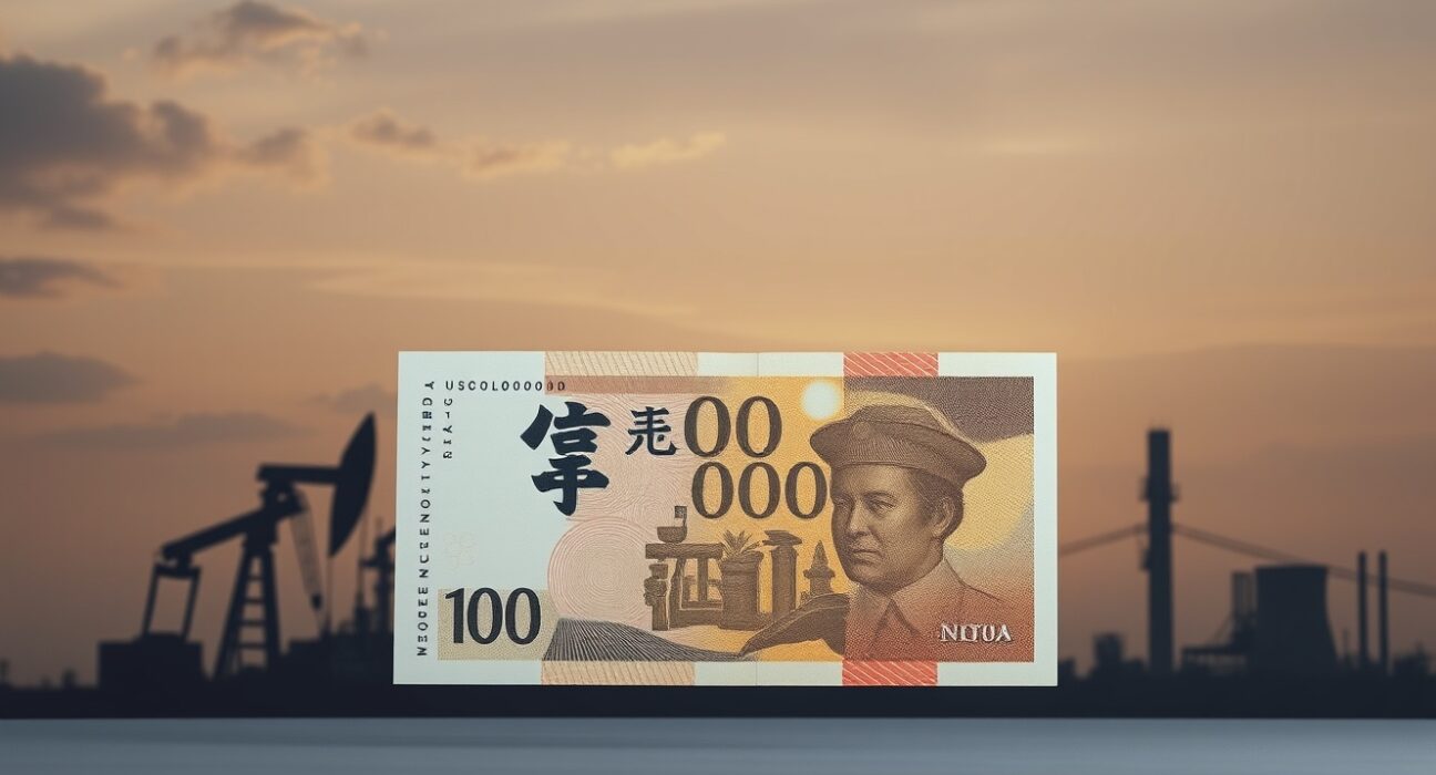 Japanese yen banknote with energy industry background representing currency pressure from import costs
