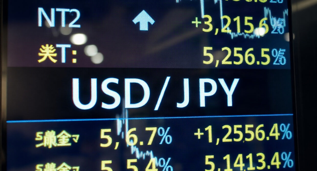 Currency exchange board showing USD/JPY rates in a financial district