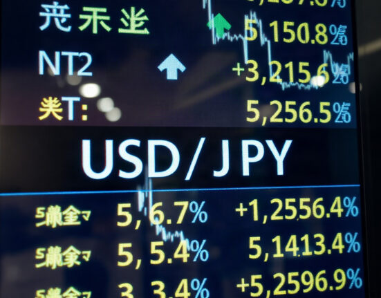 Currency exchange board showing USD/JPY rates in a financial district