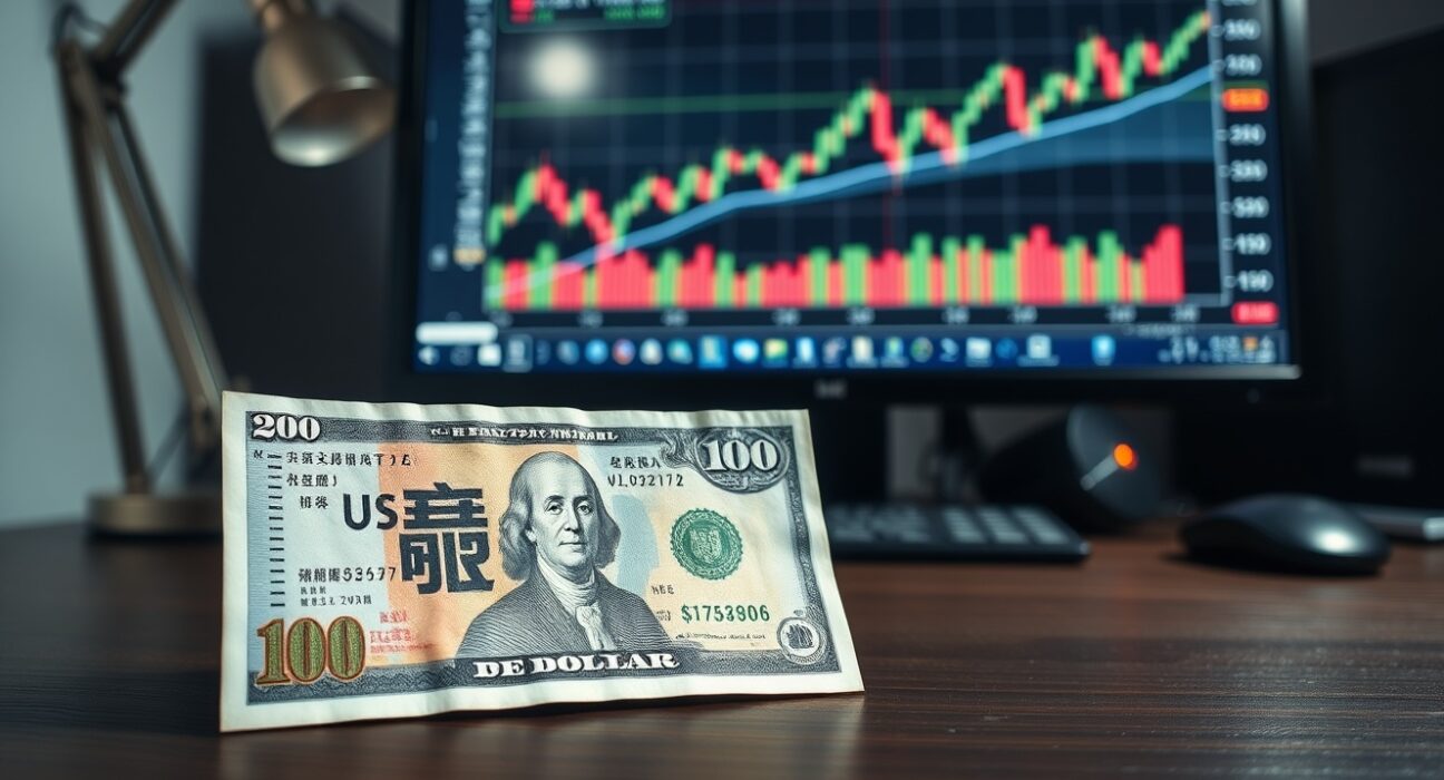 Japanese Yen and US Dollar banknotes with forex chart in background