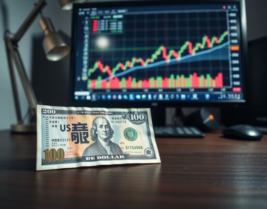 Japanese Yen and US Dollar banknotes with forex chart in background